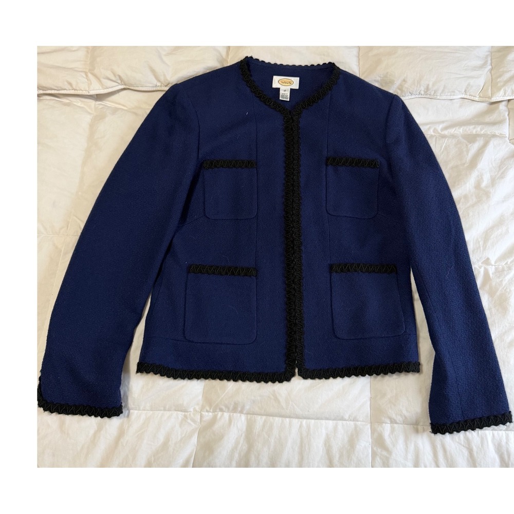 Talbots Womens Blue Wool Blend Braided Trim Open Front Jacket Size 12